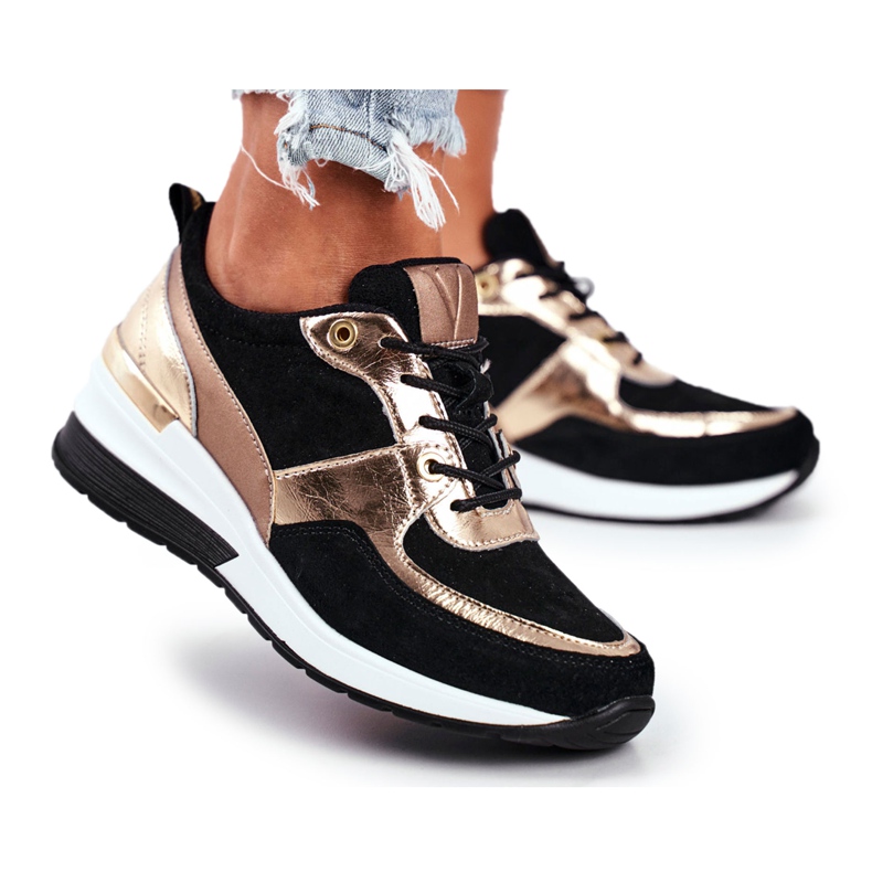 Vinceza Scarpe sportive da donna in pelle nera e oro 21-7777 nero d'oro
