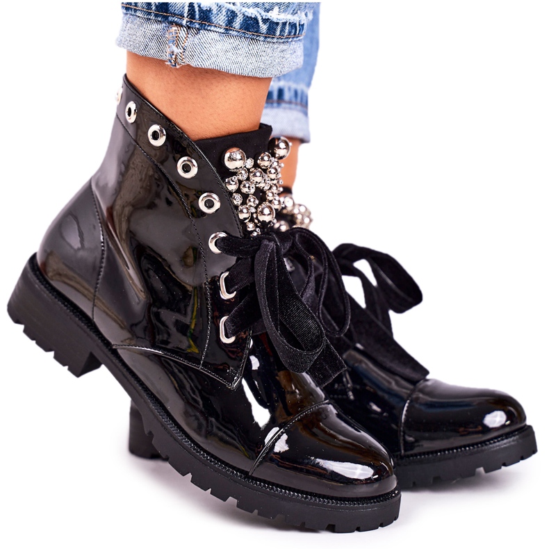 MSMG Stivali caldi da donna con perle metalliche e nastro, lacca Perla nero