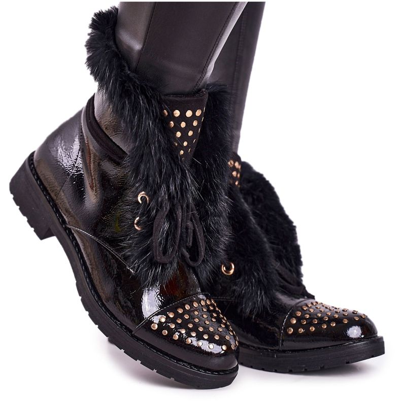 SEA Stivali Caldi Da Donna Con Strass E Pelliccia, Laccati Glam nero