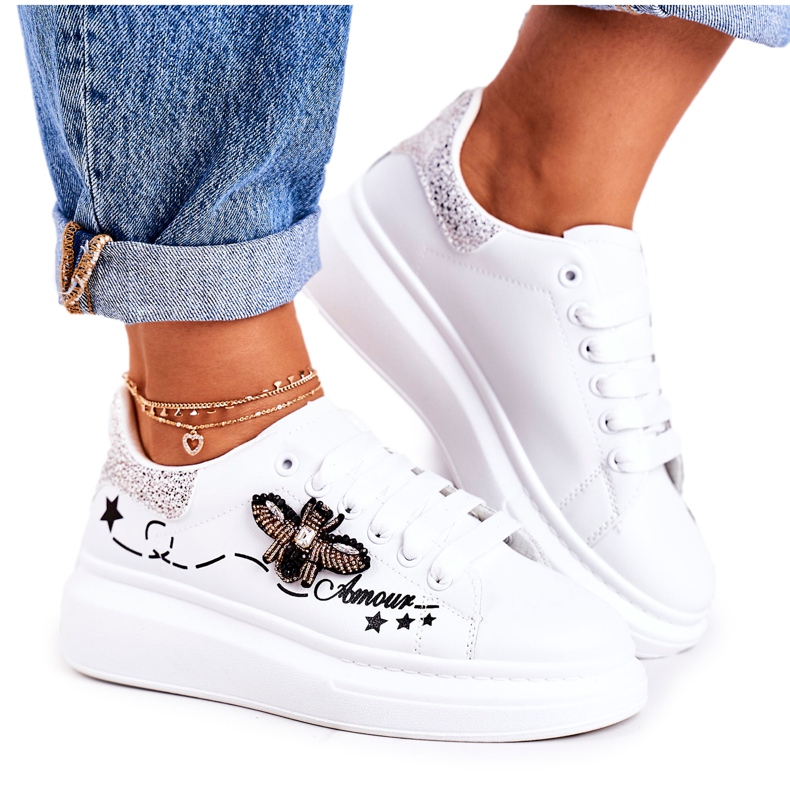 Scarpe Sportive Donna Sneakers Con Mosca Bianco Argento Amour bianca