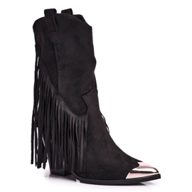 Stivali da donna con frange Stivali da cowboy neri in camoscio Jessica nero argento