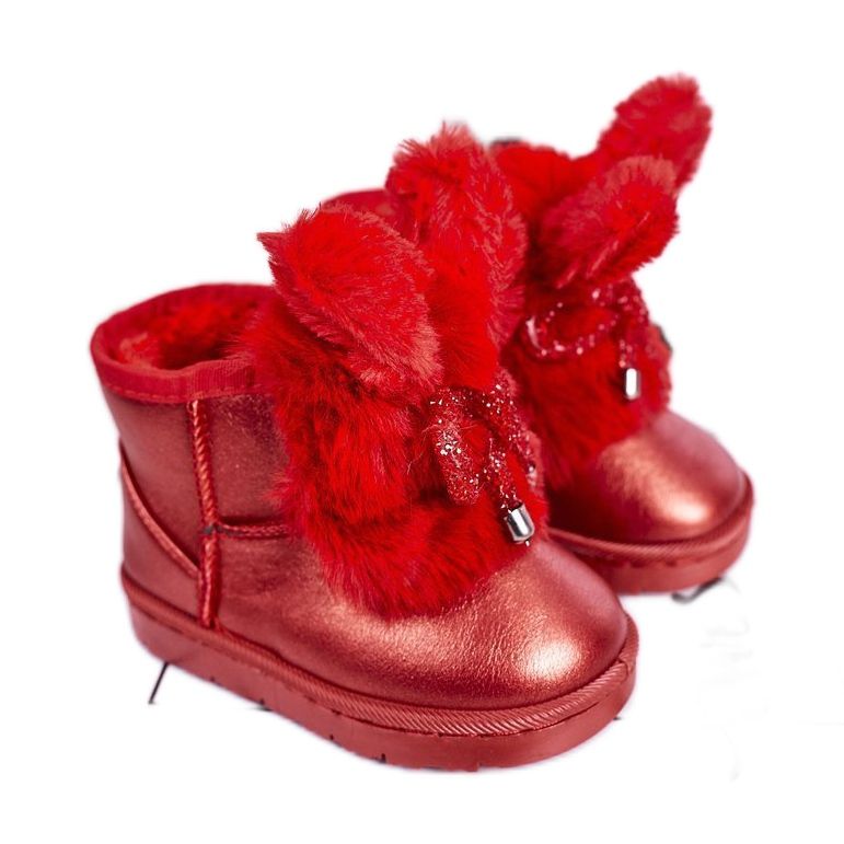 Stivali da neve per bambini con pelliccia con orecchie da coniglio rosse rosso