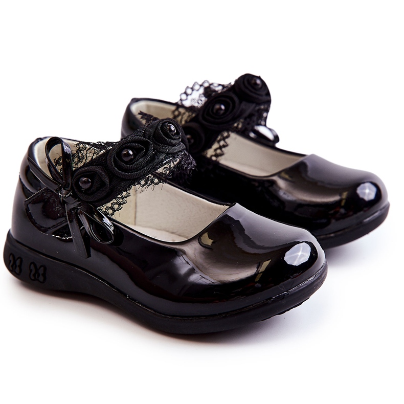 Apawwa Ballerine per bambini con Velcro Con Pizzo Nero Evelyn