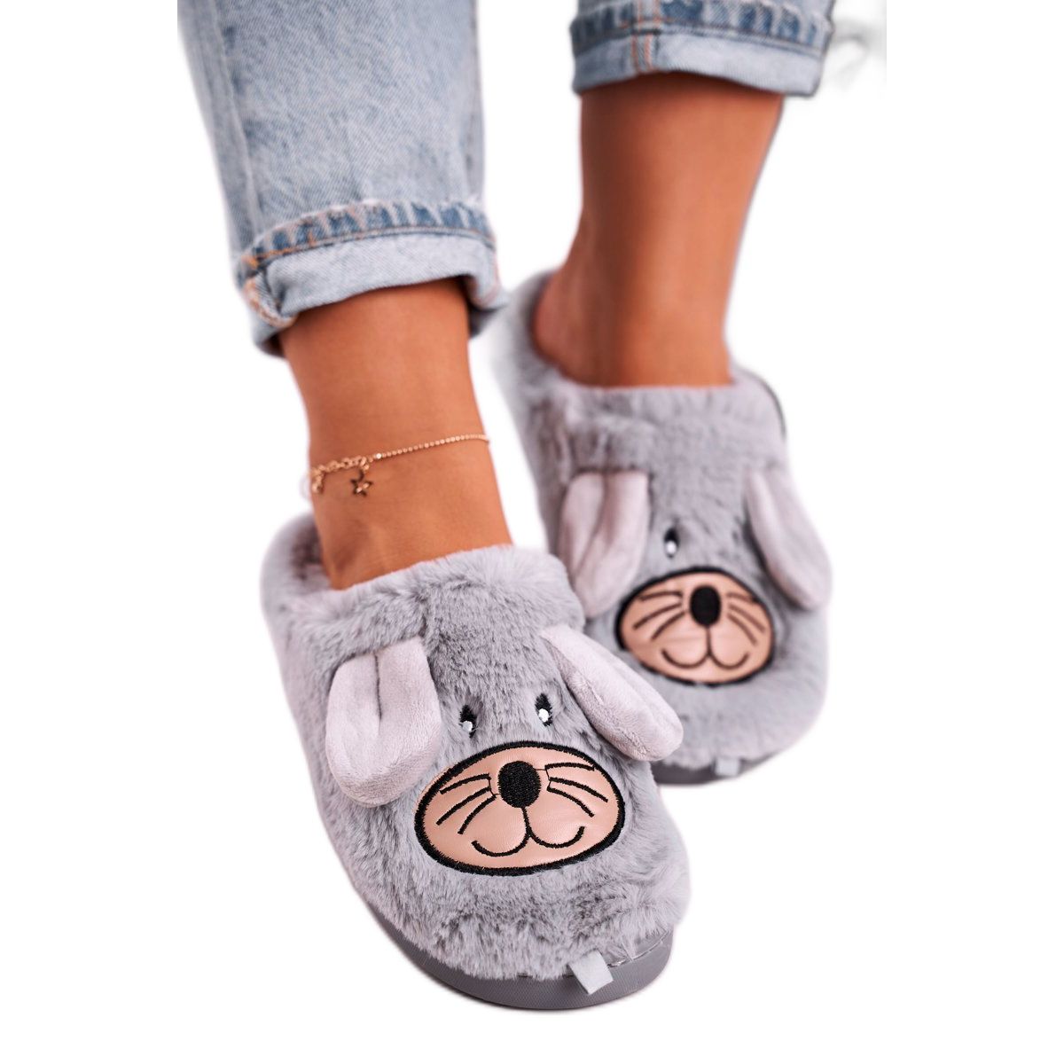 JOMIX Pantofole da donna in pelliccia di topo grigie Home Sweet