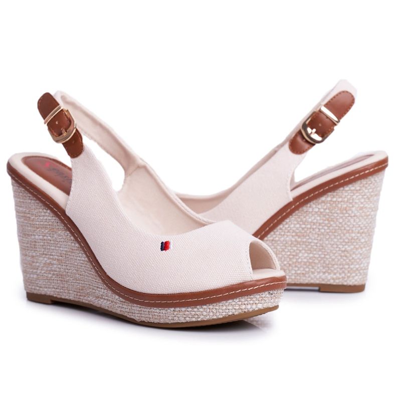 PS1 Sandali Tommy Beige su un tacco a zeppa intrecciato
