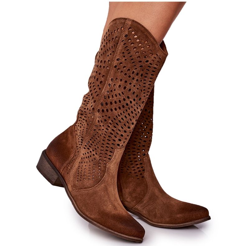 Stivali primaverili in pelle scamosciata traforati Exquisite 1229 Cognac marrone