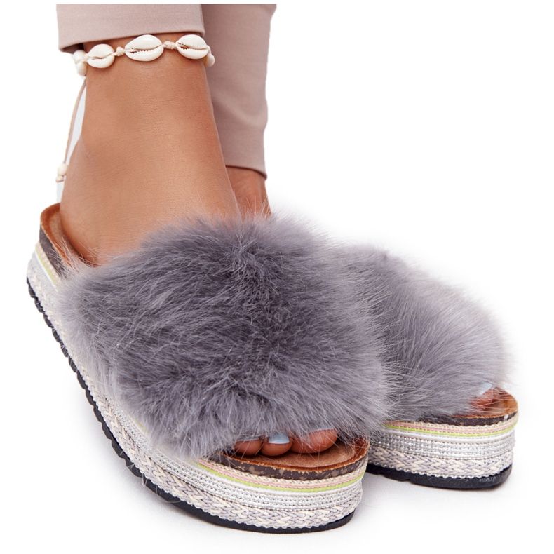 PS1 Pantofole grigie con plateau Adventure con pelliccia grigio multicolore