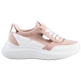 SHELOVET Eleganti scarpe da ginnastica in pelle scamosciata bianca rosa