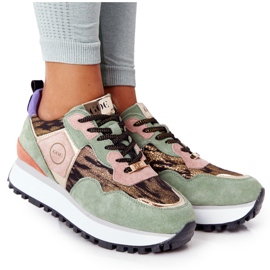 Scarpe sportive in pelle scamosciata sulla piattaforma GOE HH2N4002 verde-oro beige marrone rosa d'oro