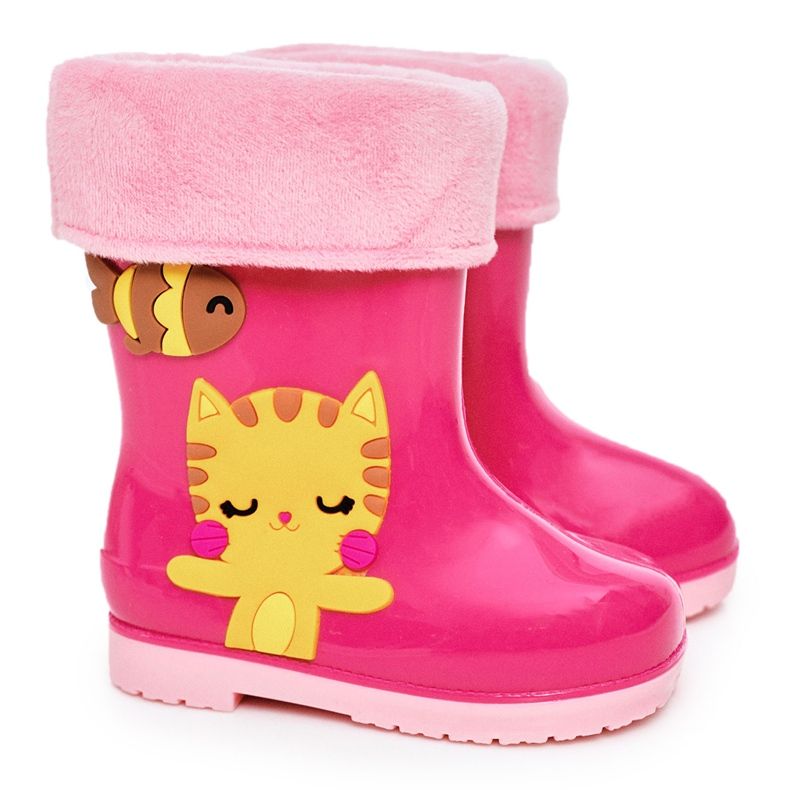 Stivali da pioggia caldi rosa per bambini con gattino