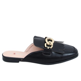 Nero T501 Pantofole mocassino nere con catena