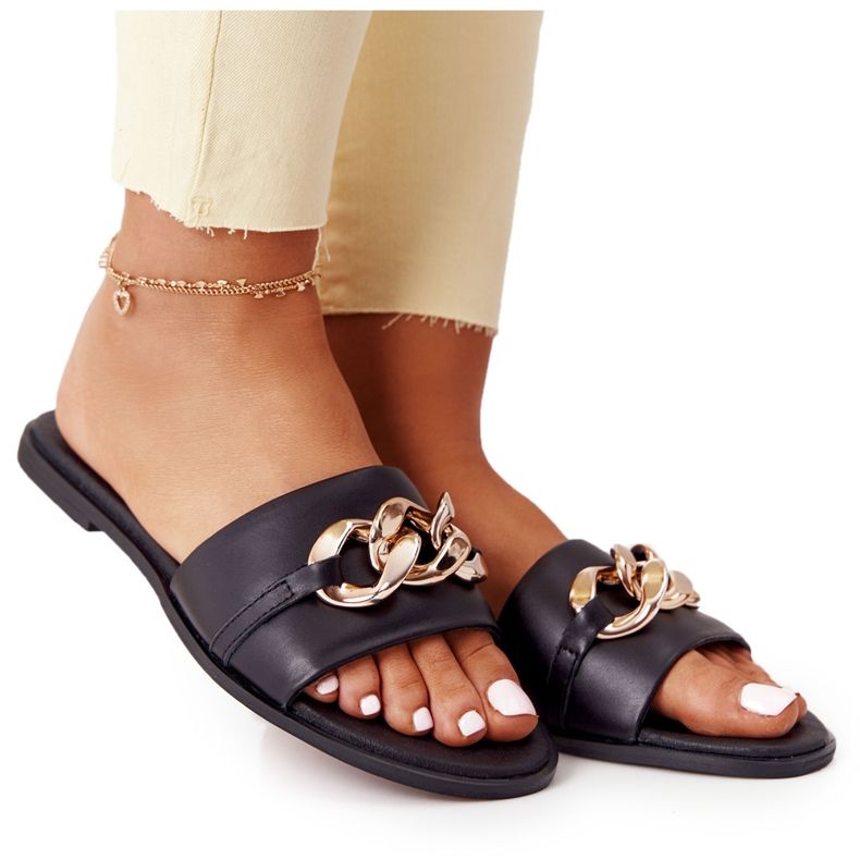 Ciabatte In Pelle Con Catena Nicole 2652 Nere nero