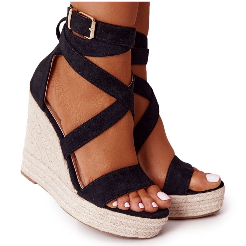 MSMG Sandali con zeppa Lanzarote neri con trecce beige nero