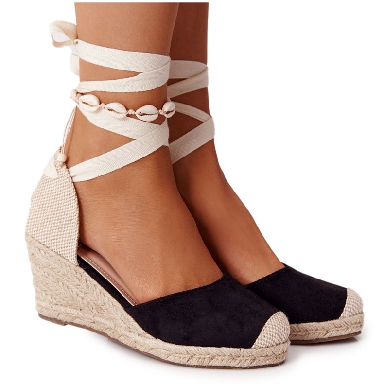 PG1 Sandali neri con zeppa annodati Nelly con trecce beige nero