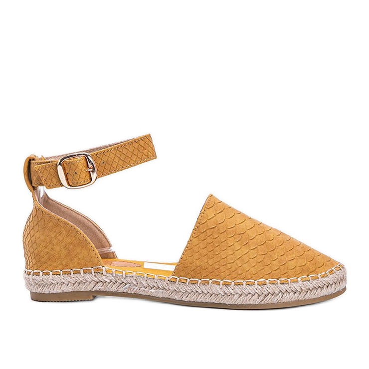 Espadrillas senape con motivo in pelle di serpente giallo