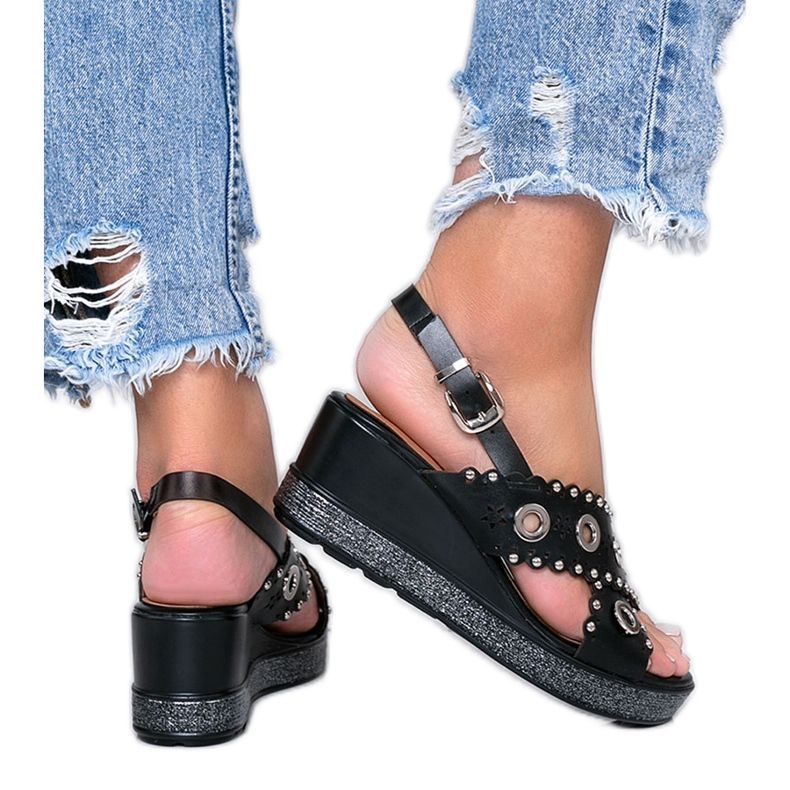 Sandali con zeppa metallizzati neri Mon nero