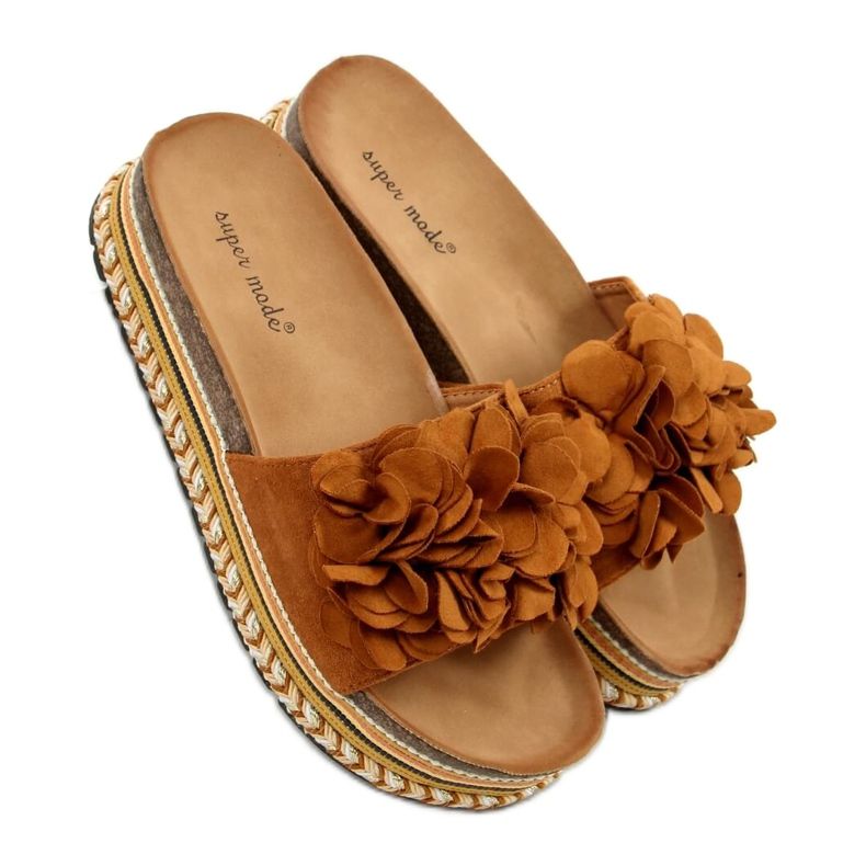 Ciabatte con fiori cammello 9602 Camel marrone