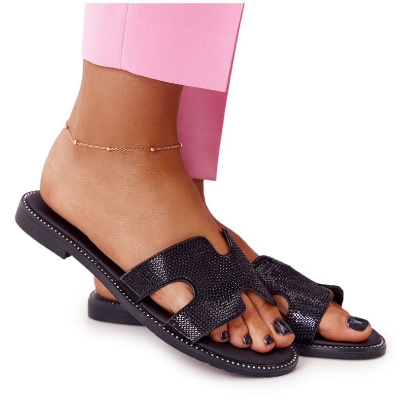 EVE Ciabatte In Pelle Con Cubic Zirconia Nero Modena