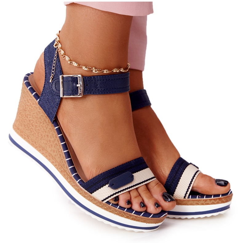 PG1 Sandali con zeppa tropicali blu navy beige marrone