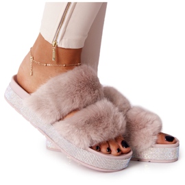 PS1 Pantofole Beige Sulla Piattaforma Con Pelliccia E Cubic Zirconia Wow!