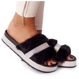 PS1 Pantofole Nere Sulla Piattaforma Con Pelliccia E Cubic Zirconia Impress nero
