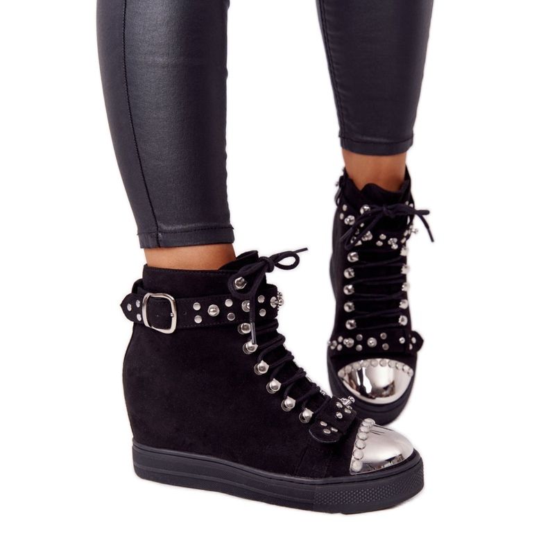 Stivali con zeppa Lu Boo in pelle scamosciata nera con strass nero