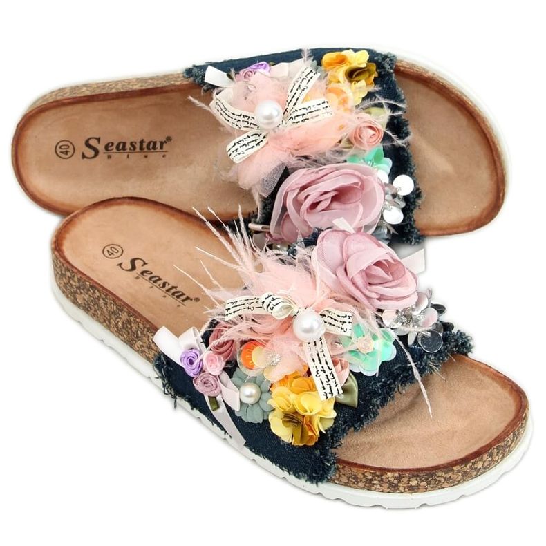Ciabatte in sughero con fiori BG61P Dark Blue blu navy multicolore