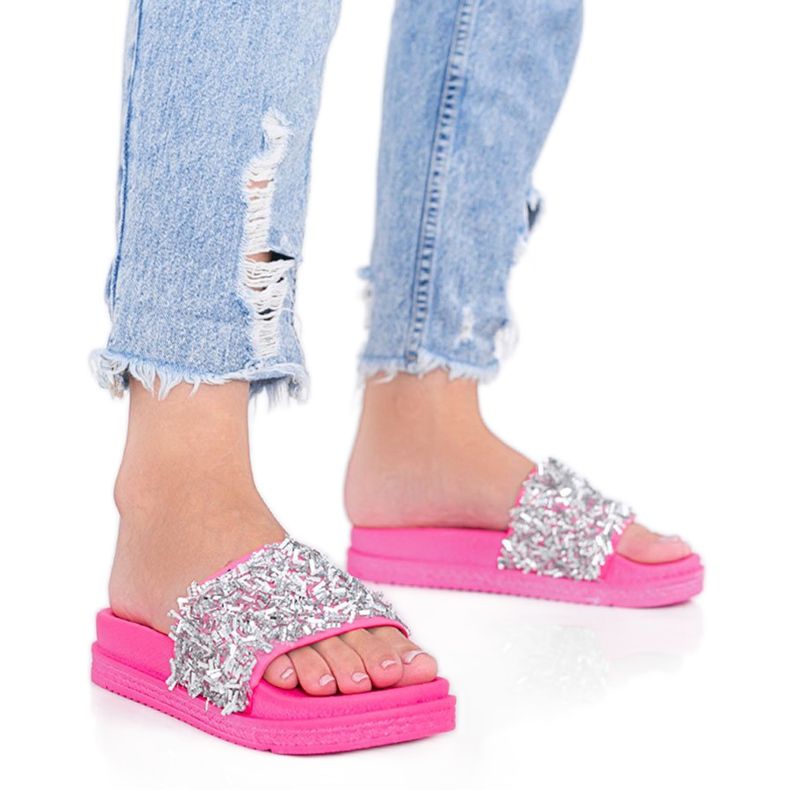Pantofole rosa neon Love Bling con zirconi
