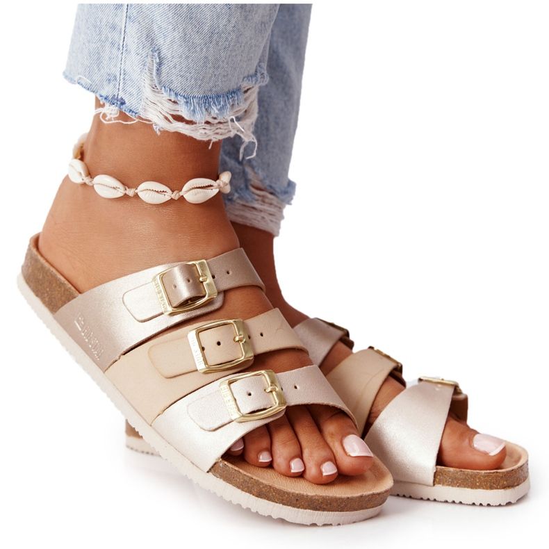 Pantofole in pelle profilate Big Star HH274585 Beige e Oro d'oro