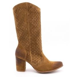 EXQUISITE Stivali da donna in pelle traforata con tacco alto 1224 marrone cognac