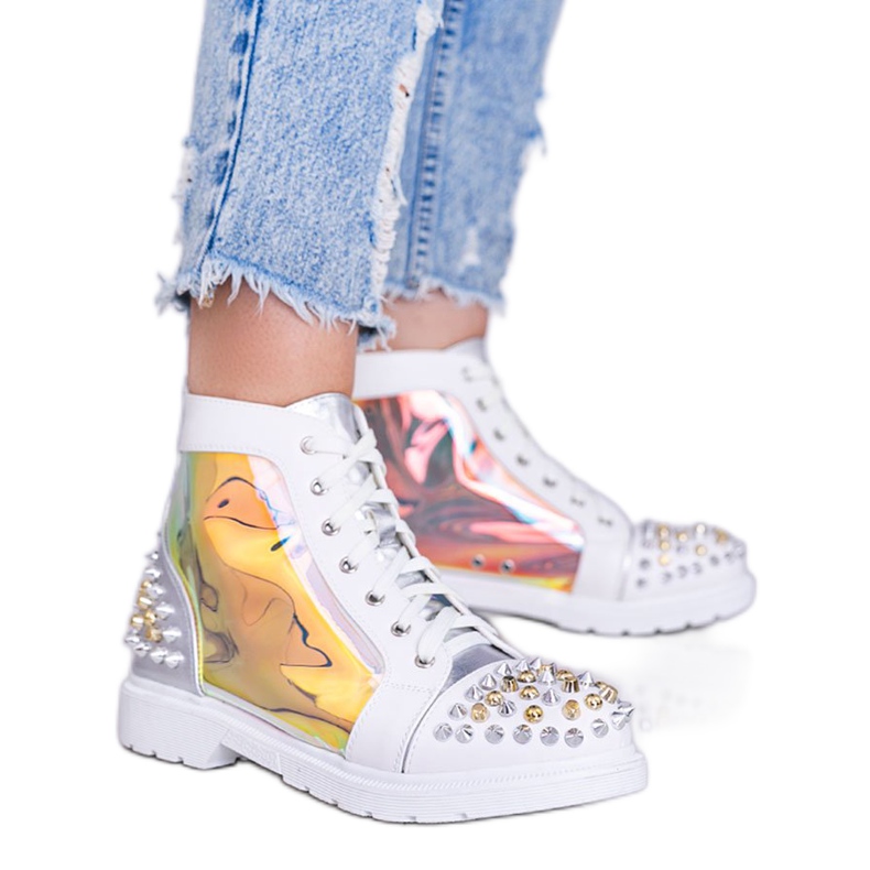 Stivali bianchi e argento trasparenti con borchie Lea bianca d'argento