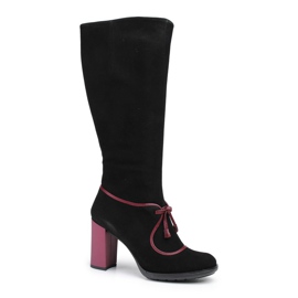 Marco Shoes Stivali in pelle scamosciata nera con tacco viola e inserti viola nero