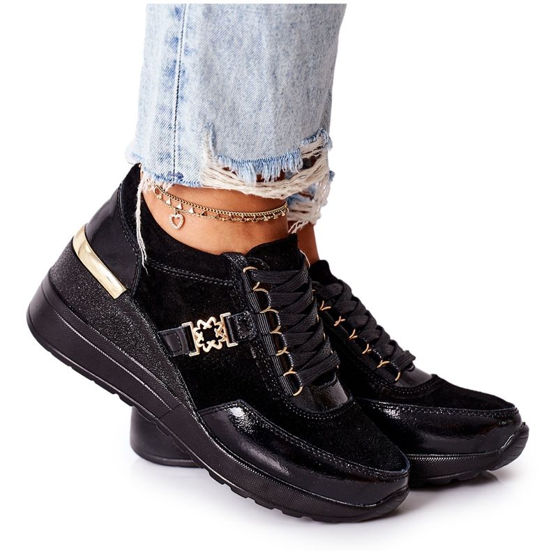 S.Barski Sneakers da donna con zeppa in pelle nere Montessori nero