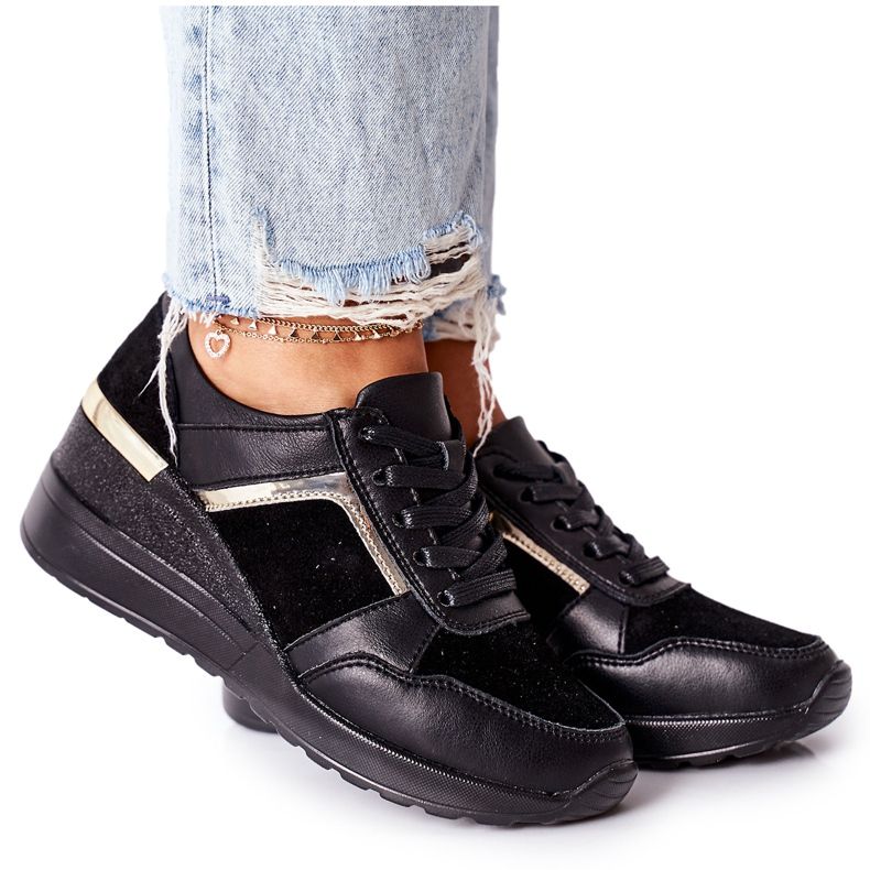 S.Barski Sneakers con zeppa in pelle da donna Nere Manitoba nero