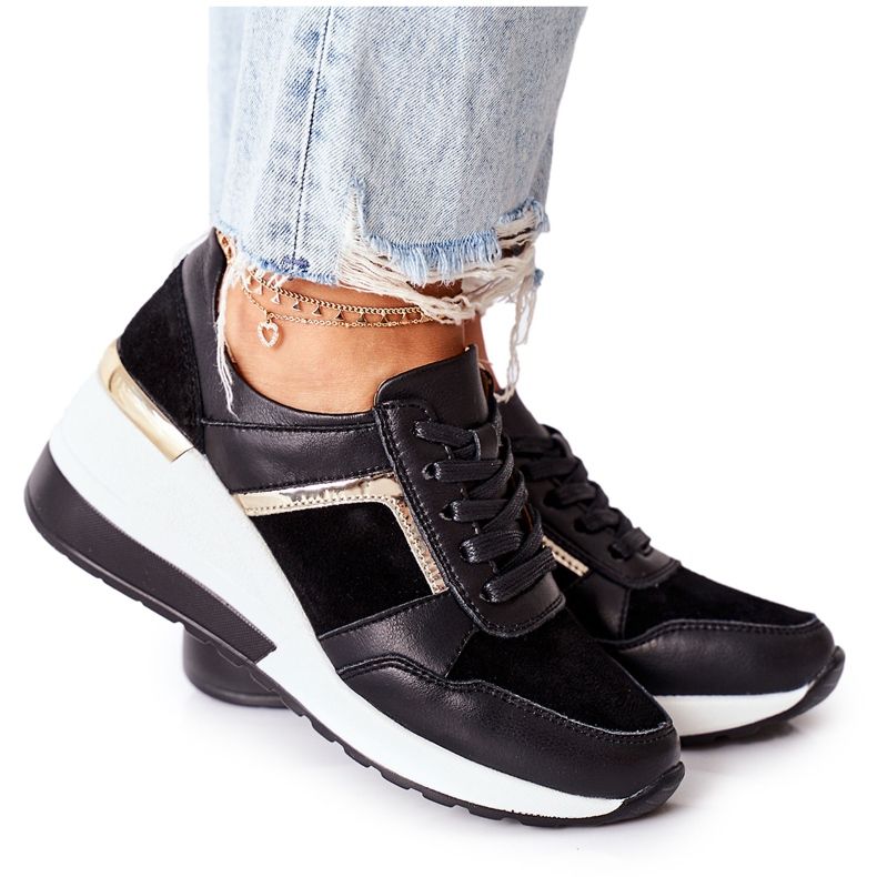 S.Barski Sneakers con zeppa in pelle da donna Nere Bianche Manitoba nero