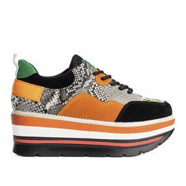 Sneakers nere su suola alta nero arancia grigio