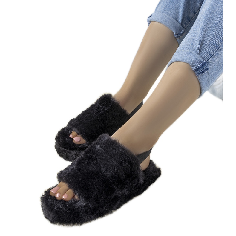 Pantofole da donna nere con elastico e pelliccia Fierro nero