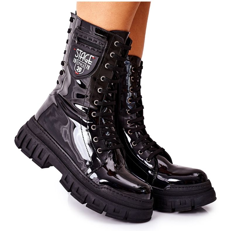 NAVY DOT Stivali Donna Trappers Laccati Neri Coriera nero