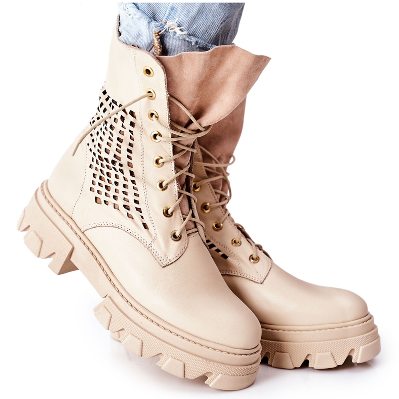 PA2 Stivali da donna in pelle traforata Beige Small Hootie