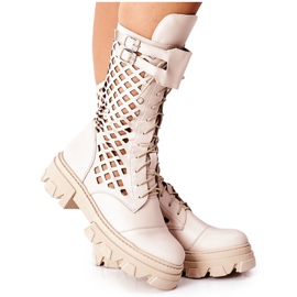 PA2 Stivali in pelle traforati da donna Trappers Beige Hootie