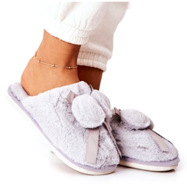 Pantofole di pelliccia grigia Pamppy con pompon grigio