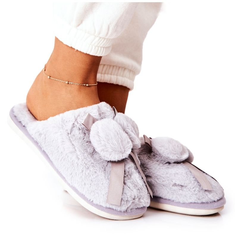 Pantofole di pelliccia grigia Pamppy con pompon grigio