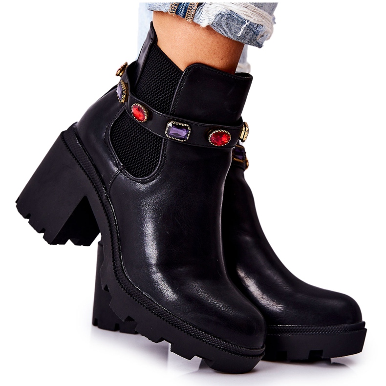 PS1 Stivali Da Donna In Pelle Con Tacco Con Cristalli Nero Macbeth
