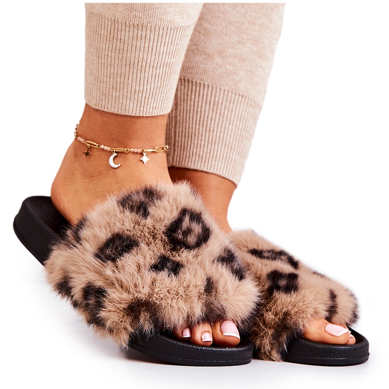 PM1 Ciabatte Con Pelliccia, Gomma Leopard Marrone Noelle beige