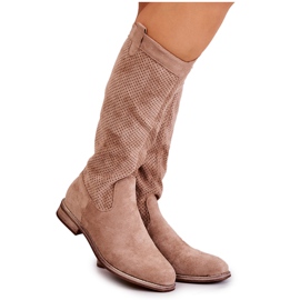 S.Barski Stivali da donna in pelle scamosciata traforati Beige Thessie
