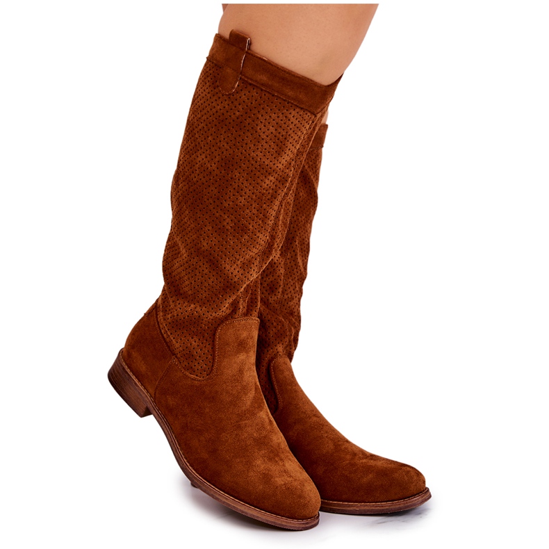 S.Barski Stivali da donna in pelle scamosciata traforati Camel Thessie marrone