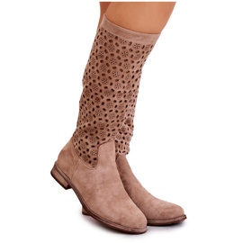 S.Barski Stivali in camoscio beige Darnell con motivo traforato