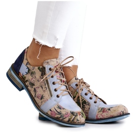 Scarpe da donna in pelle con fiori Maciejka 5096A-34 blu multicolore