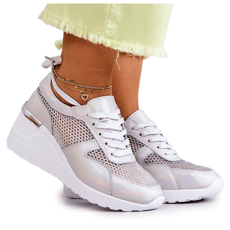S.Barski Sneakers Zeppa In Pelle Con Mesh Argento d'argento
