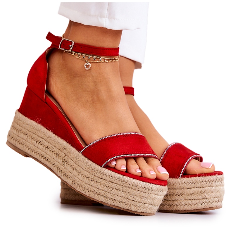 FW1 Sandali Da Donna Con Zeppa Con Linette Rosse Di Cubic Zirconia rosso